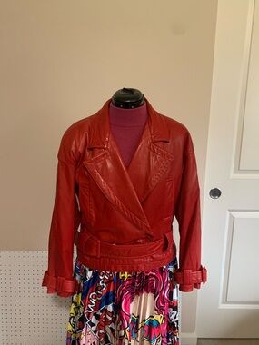 Andrew Marc Red Leather Belted Jacket